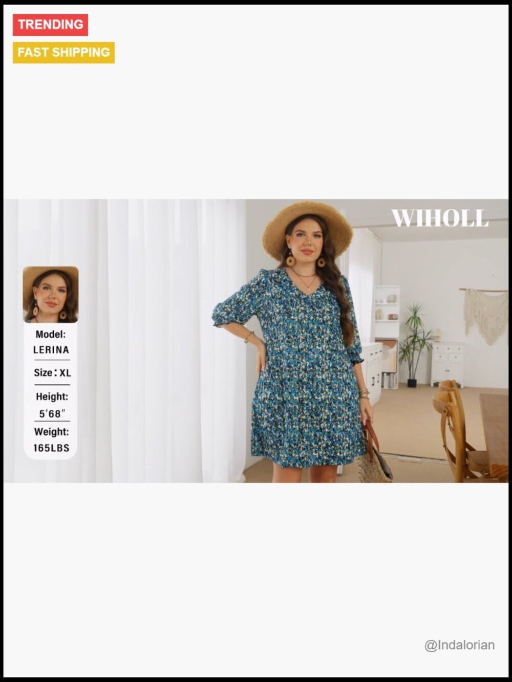3/4 Sleeve Midi Dress with Pockets, V-Neck, Flowy Fit - Picture 7 of 7